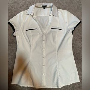 Express Essential Stretch, white collared blouse with black trim, size large